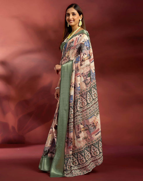 Vasthrlay Printed Jacquard Unstitched Rama Green Saree