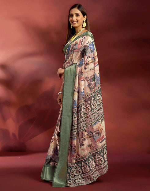 Vasthrlay Printed Jacquard Peach And Dusty Green Saree With Unstitched Blouse Piece