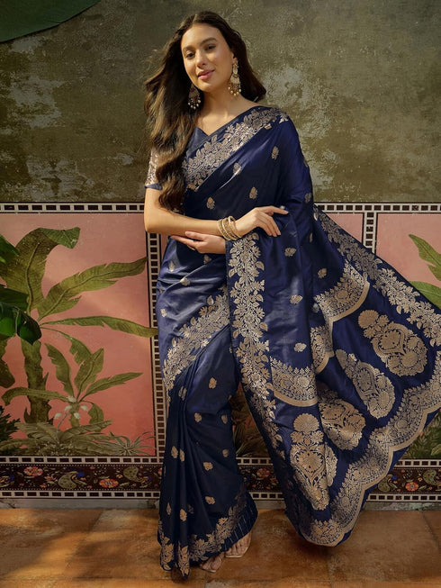 Vasthrlay Banarasi Jacquard Unstitched Navy Blue Saree