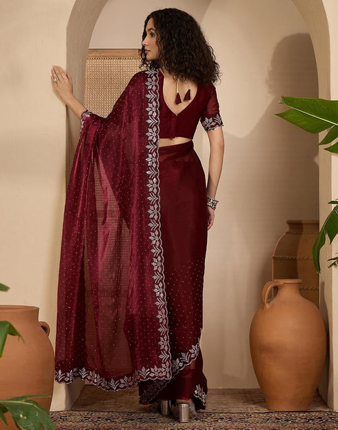 Vasthrlay Shimmer Scalloped Maroon Saree With Unstitched Blouse Piece