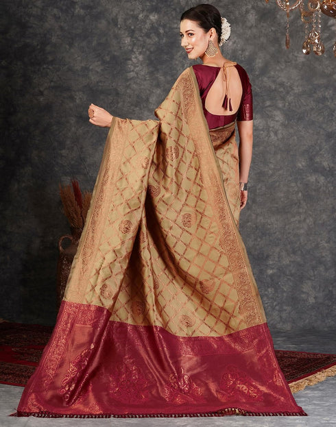 Vasthrlay Banarasi Kanjeevaram Unstitched Beige Saree