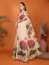 Vasthrlay Multicolour Leaf Print Organza Saree With Mustard Piping And Ruched Sleeveless Unstitched Blouse Piece