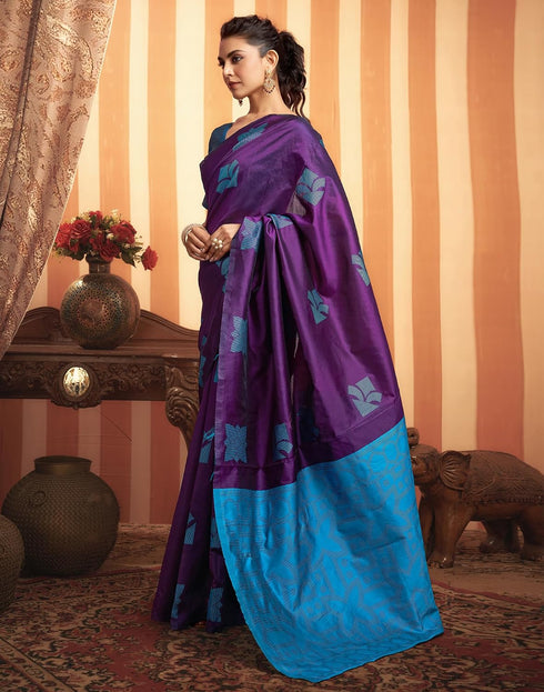 Vasthrlay Banarasi Jacquard Purple And Blue Saree With Unstitched Blouse Piece