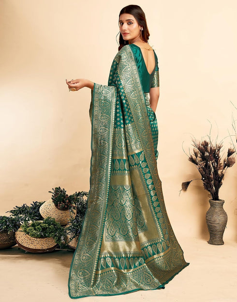Vasthrlay Kanjivaram Banarasi Wedding Teal Green Saree With Unstitched Blouse Piece
