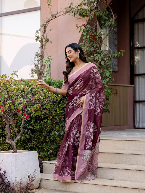 Vasthrlay Womens Printed Unstitched Olive Green Saree