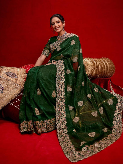 Vasthrlay Scalloped Embroidery Wine Saree