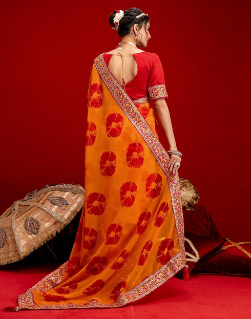 Vasthrlay Bandhani Embroidery Unstitched Orange Saree