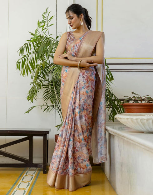 Vasthrlay Womens Striped Unstitched Dusty Pink Saree