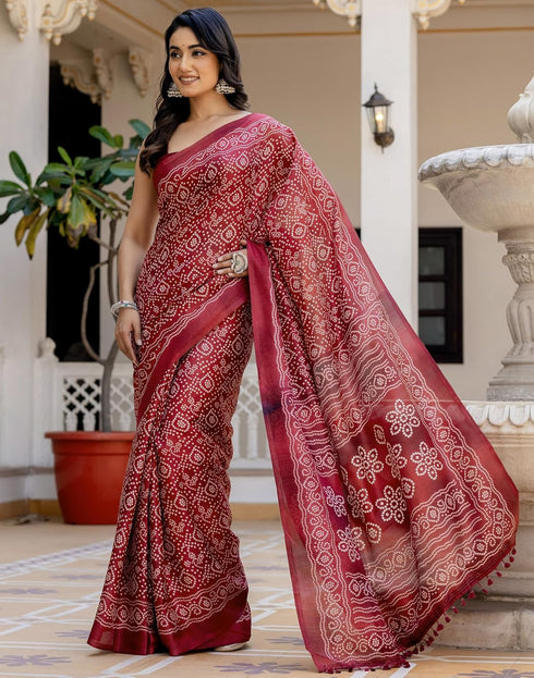 Vasthrlay Bandhani Printed Unstitched Wine Saree
