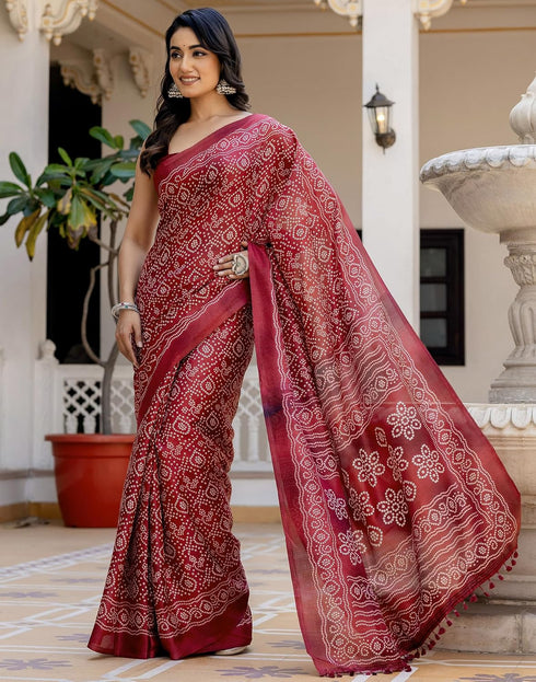 Vasthrlay Bandhani Printed Dark Red Saree With Unstitched Blouse Piece