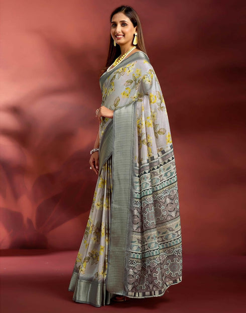 Vasthrlay Printed Jacquard Unstitched Rama Green Saree