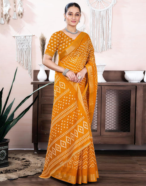 Vasthrlay Bandhani Printed Unstitched Yellow Saree