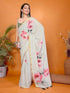 Vasthrlay Light Cream Linen Floral| Striped| Check Design Printed Saree With Solid Unstitched Linen Blouse Piece