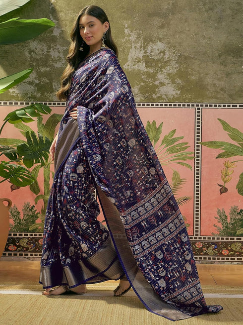 Vasthrlay Womens Printed Unstitched Navy Blue Saree