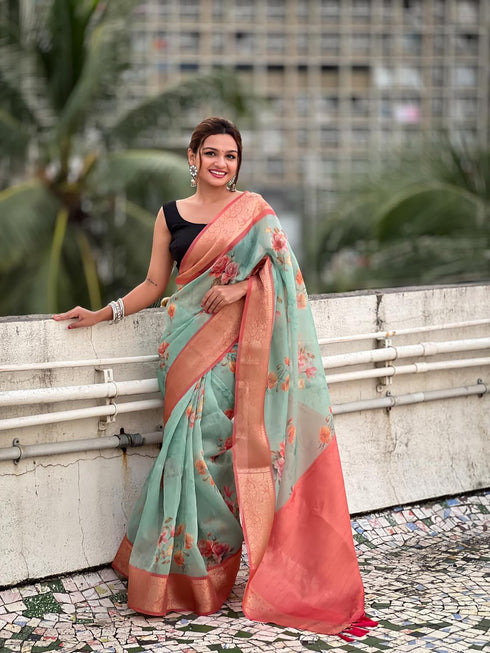 Vasthrlay Kanjivaram Organza Kalamkari Cream Purple Ethnic Wear