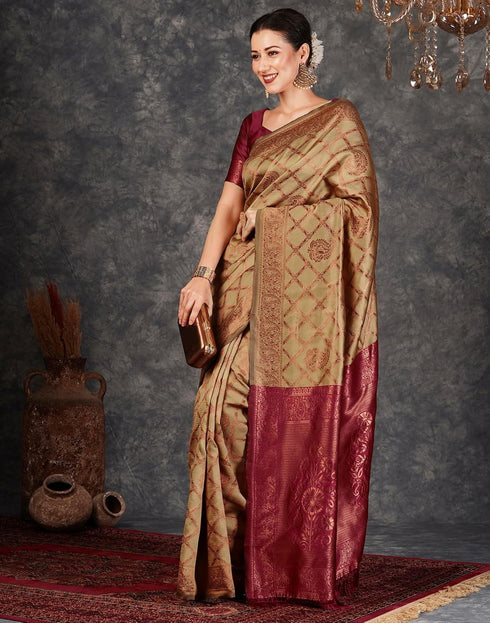 Vasthrlay Banarasi Kanjeevaram Unstitched Beige Saree