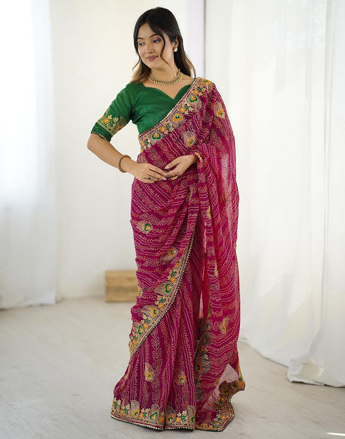 Vasthrlay Georgette Embroidery Pink1 Saree With Unstitched Blouse Piece