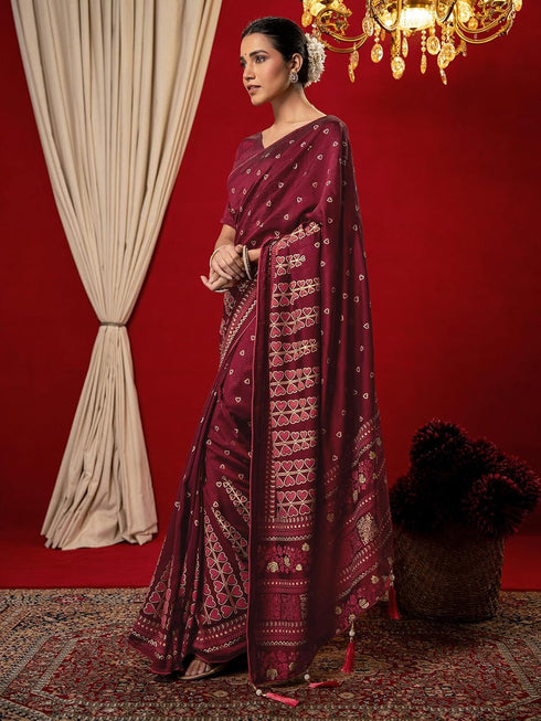 Vasthrlay Vichitra Printed Unstitched Maroon Saree