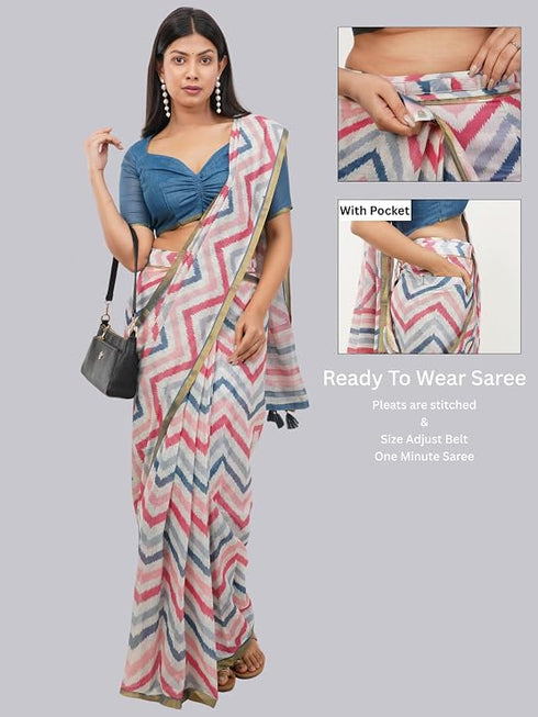Vasthrlay Multicolour Multi Print Design Linen Ready To Wear Saree