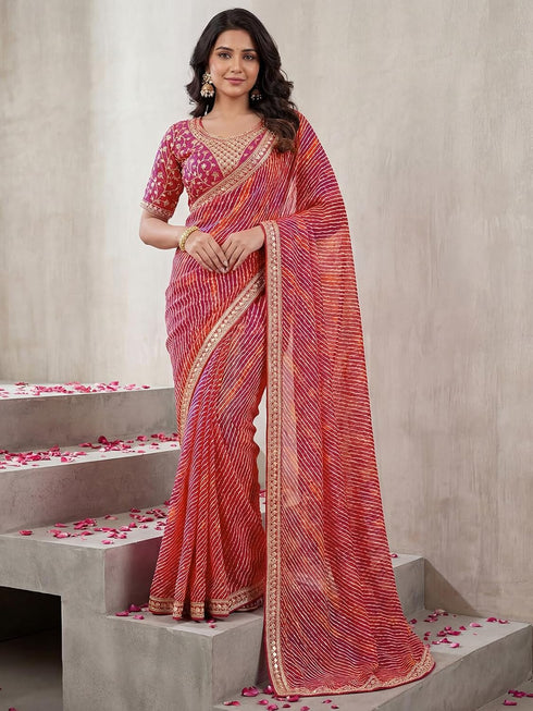 Vasthrlay Georgette Embroidery Pink Saree With Unstitched Blouse Piece