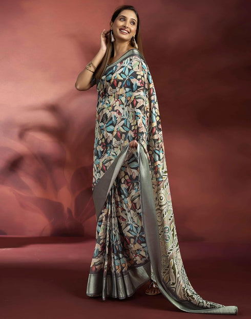 Vasthrlay Womens Printed Unstitched Navy Blue Saree