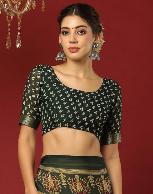 Vasthrlay Georgette Bandhani Rani Pink & Dark Green Saree With Unstitched Blouse Piece