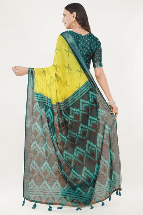 Vasthrlay Womens Off White 3 Botanical Printed Linen Saree With Self Woven Border And Unstitched Blouse Piece
