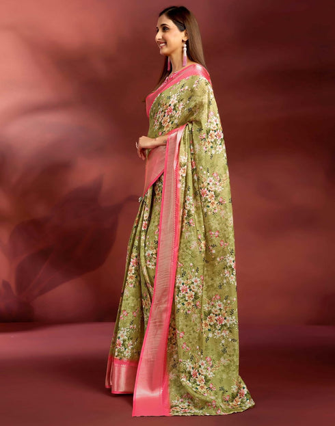 Vasthrlay Printed Jacquard Unstitched Rama Green Saree