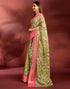 Vasthrlay Printed Jacquard Green Saree With Pink Unstitched Blouse Piece