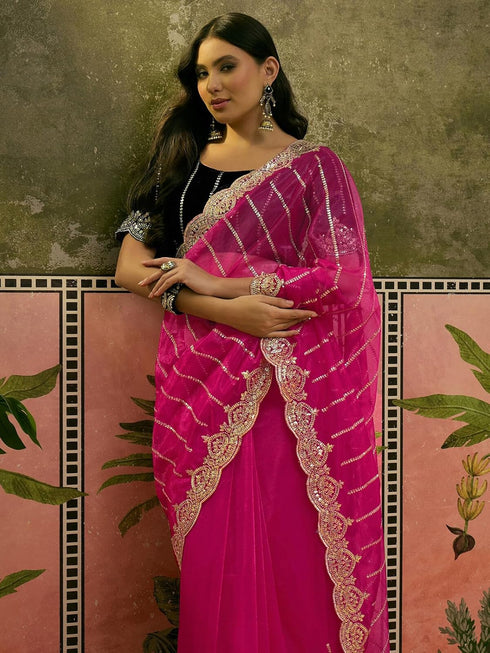 Vasthrlay Embroidery Scalloped Unstitched Navy Blue Saree