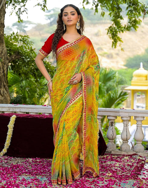 Vasthrlay Bandhani Embroidery Unstitched Yellow Saree