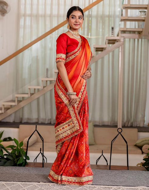 Vasthrlay Bandhani Embroidery Unstitched Teal Saree