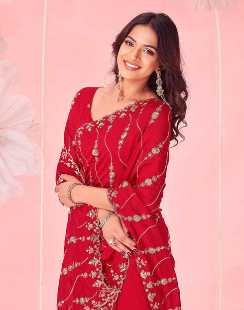 Vasthrlay Embroidery Scalloped Unstitched Red Saree