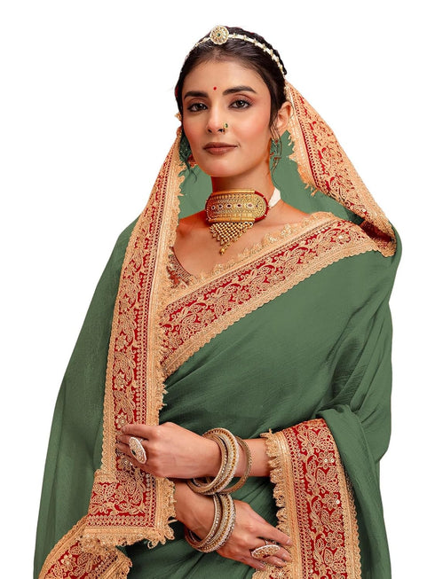 Vasthrlay Vichitra Embroidery Unstitched Red Saree