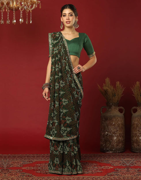 Vasthrlay Georgette Bandhani Dark Green Saree With Unstitched Blouse Piece
