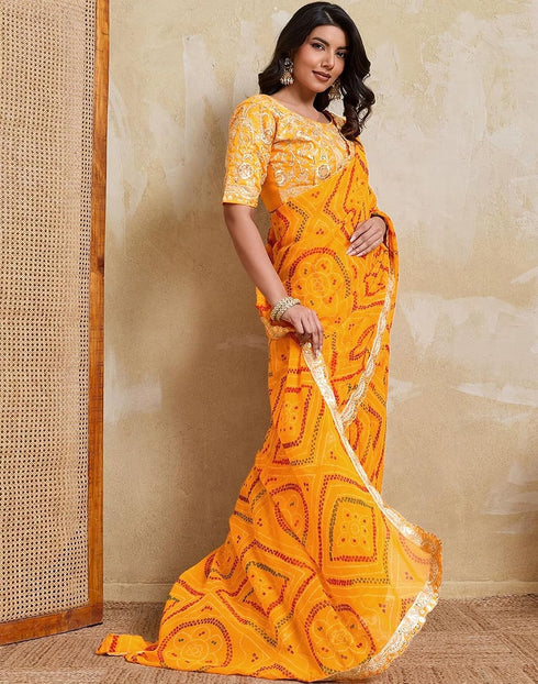 Vasthrlay Georgette Embroidery Yellow Saree With Unstitched Blouse Piece