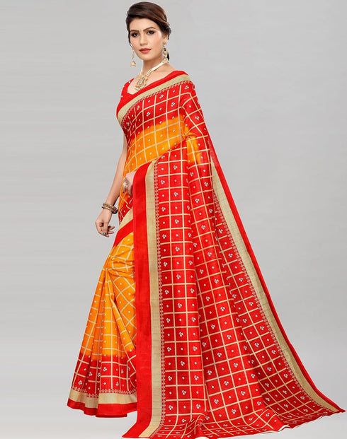 Vasthrlay Bandhani Printed Red Saree With Unstitched Blouse Piece