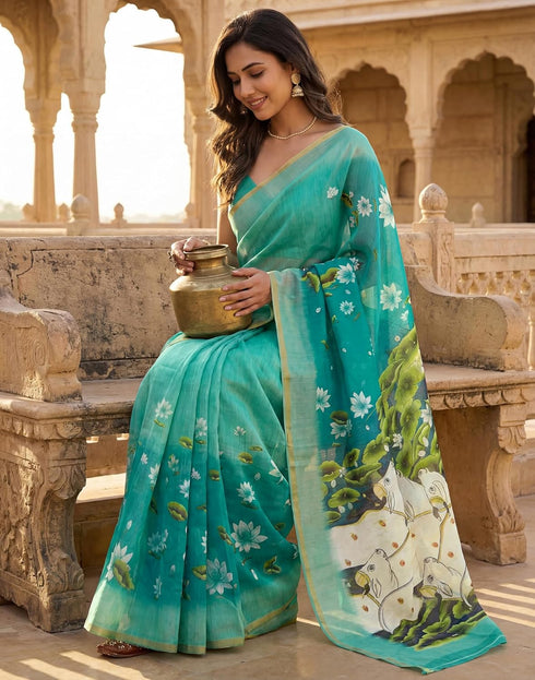 Vasthrlay Womens Printed Unstitched Peach Saree