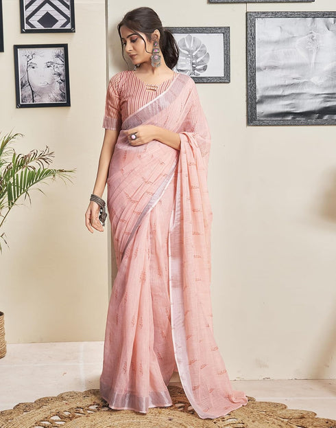 Vasthrlay Printed Striped Unstitched Peach Saree