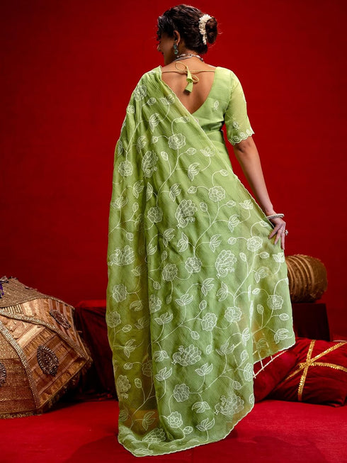 Vasthrlay Shimmer Embroidery Lime Saree