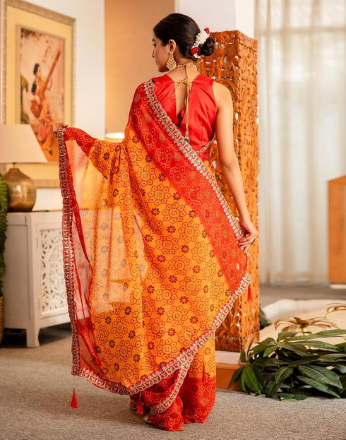 Vasthrlay Georgette Embroidery Unstitched Yellow Saree