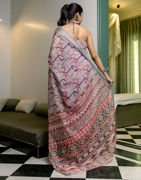 Vasthrlay Womens Printed Unstitched Cream Saree