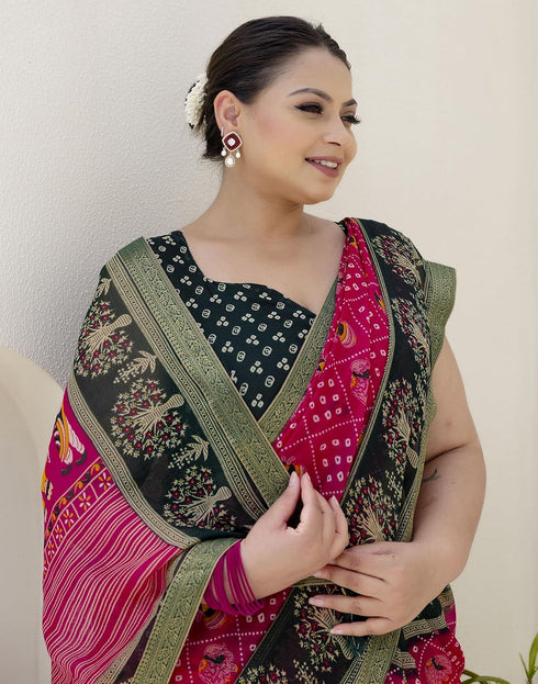 Vasthrlay Georgette Bandhani Pink Saree With Black Unstitched Blouse Piece