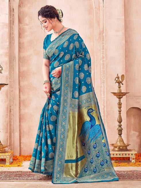 Vasthrlay Weaving Banarasi Unstitched Peacock Blue Saree