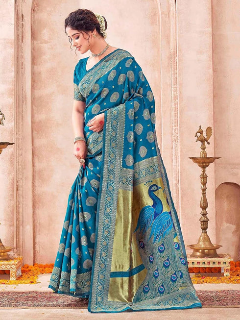 Vasthrlay Weaving Banarasi Peacock Blue Saree With Unstitched Blouse Piece