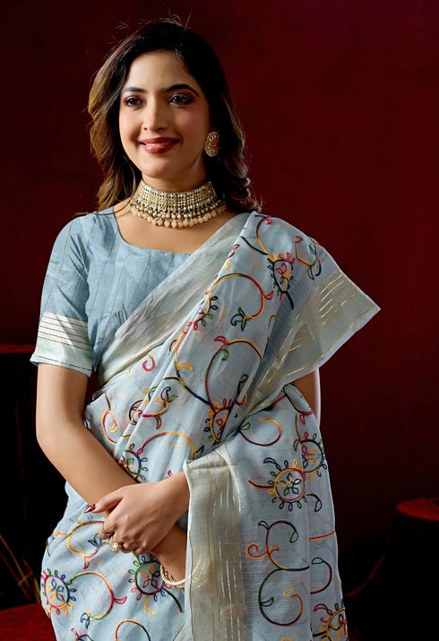Vasthrlay Grey Embroidery Saree