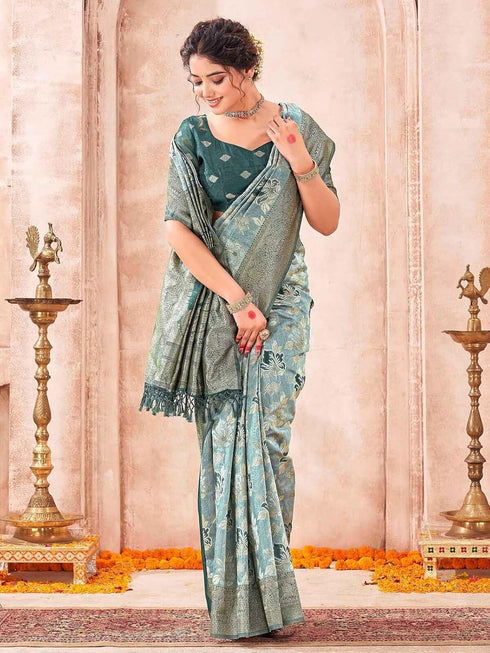 Vasthrlay Weaving Teal Saree