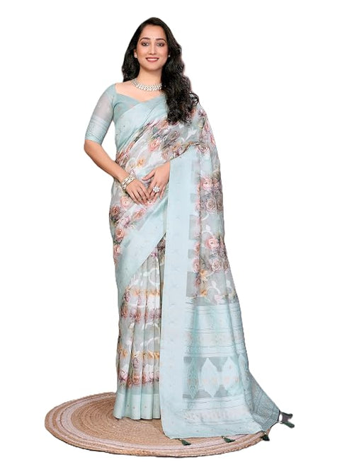 Vasthrlay Champagne Gold Floral Semi Sheer Chanderi Saree With Champagne Gold Zari Pallu And Unstitched Blouse Piece