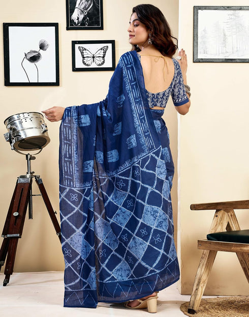 Vasthrlay Womens Printed Dark Blue Saree With Unstitched Blouse Piece