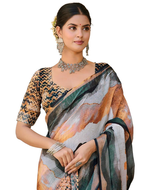 Vasthrlay Womens Printed Unstitched Beige Saree